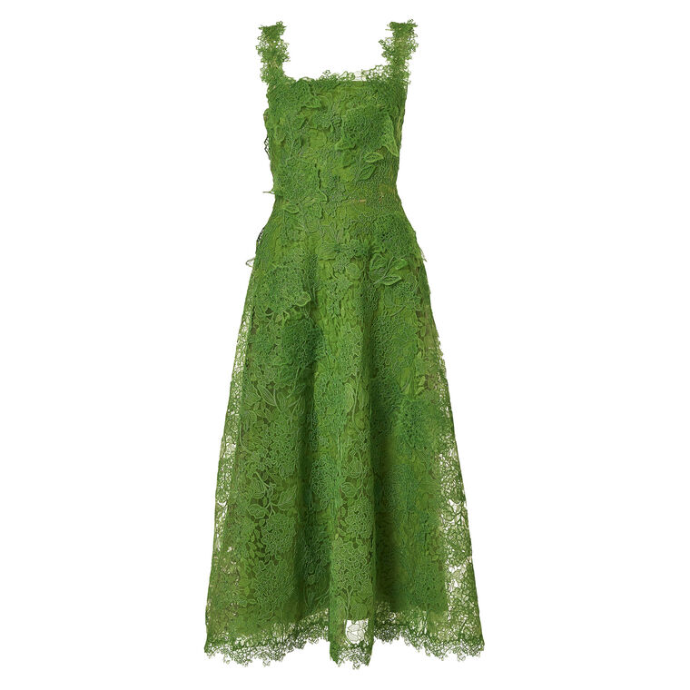 Slim Strap Square Neck Belted Lace Midi Dress image number null