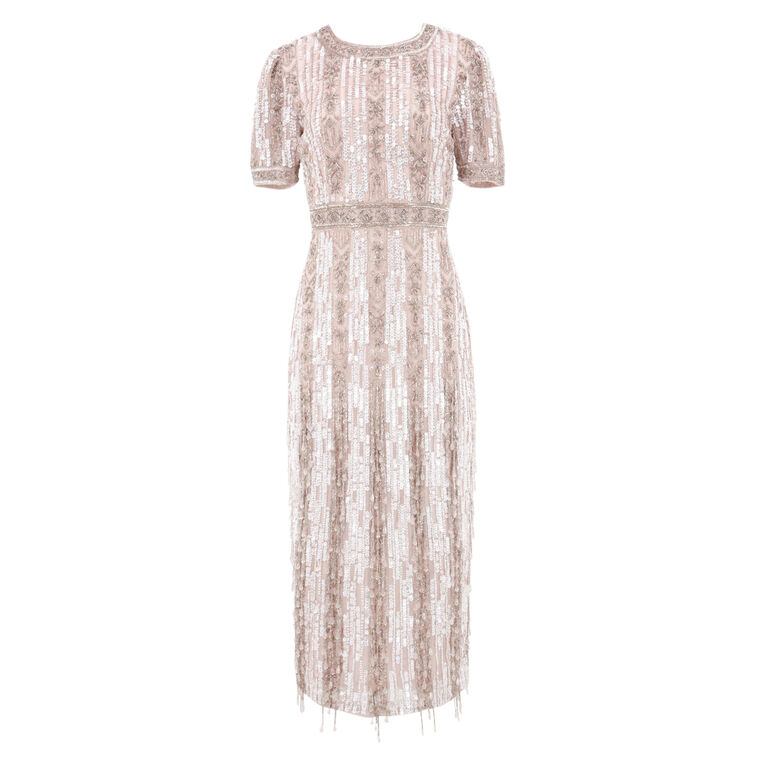 Beaded High Neck Short Sleeve Crystal Fringe Midi Sheath Dress image number null