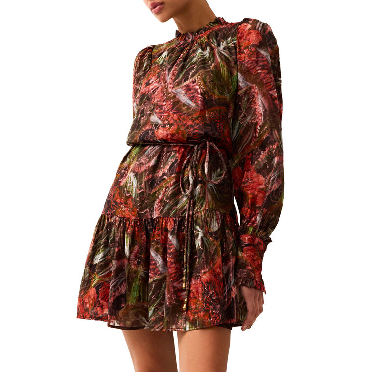 Irena Long Sleeve Printed Metallic Silk Mini Dress image number null