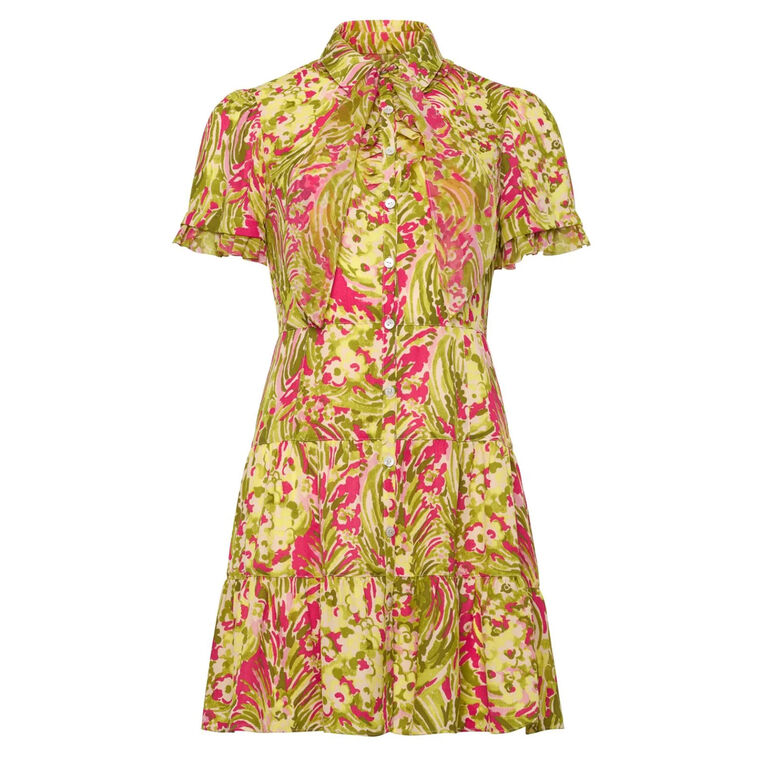 Karissa Short Sleeve Tie-Neck Daisy Swirl Mini Dress image number null