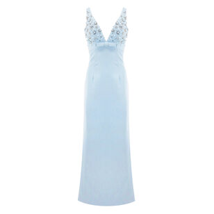 Sleeveless Beaded Crepe V-Neck Gown With Bow