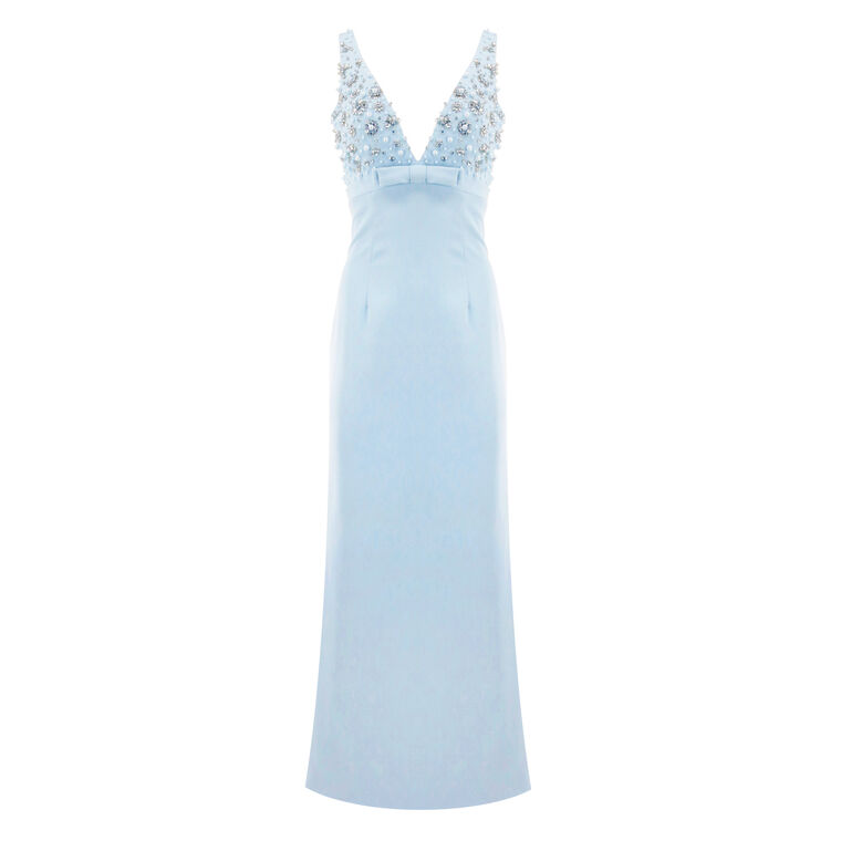 Sleeveless Beaded Crepe V-Neck Gown With Bow image number null