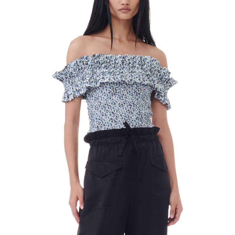 Printed Cotton Off-Shoulder Smock Top image number null