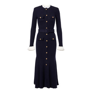 Viscose Knit Long Sleeve Belted Midi Dress
