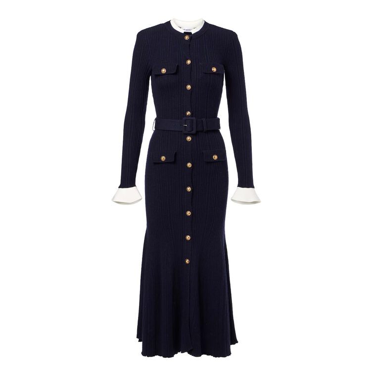Viscose Knit Long Sleeve Belted Midi Dress image number null