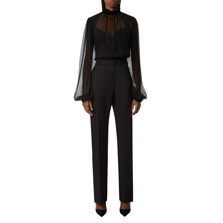 Ruffled Highneck Long Sleeve Silk Blouse image number null