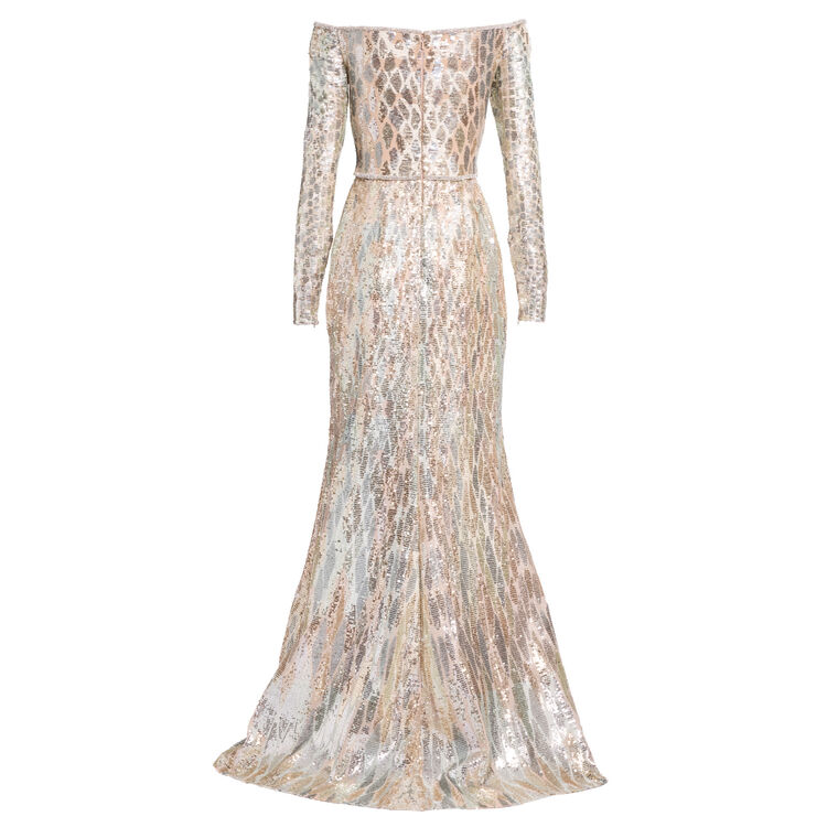 Sequin Embroidered Off-The-Shoulder Gown image number null