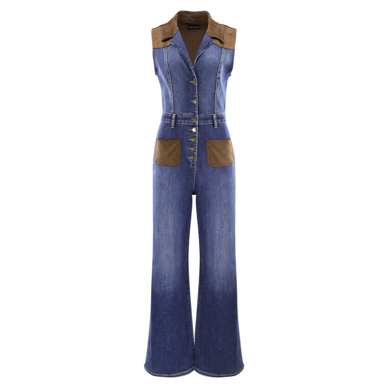 Claudette Faux Suede Trim Denim Jumpsuit image number null