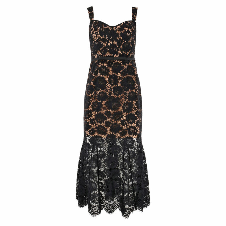 Black Fine Lace Midi Dress image number null