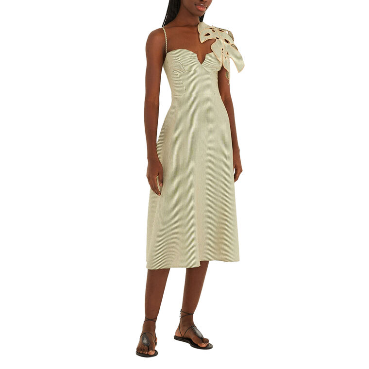 Stripe Monstera Leaf Sleeveless Linen Midi Dress image number null