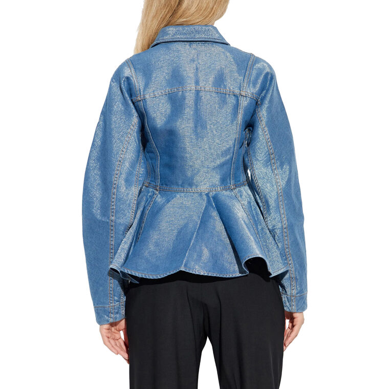Long Sleeve Shiny Weft Denim Peplum Shirt image number null