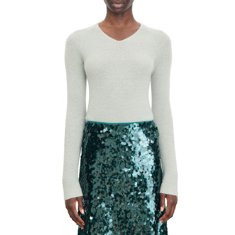 Metallic Ribbed High V-Neck Sweater image number null