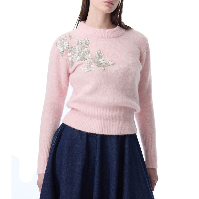 Alpaca Knit Fitted Crew Neck Sweater With Embellishment image number null