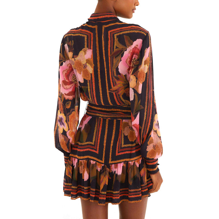 Chenille Flowers Print Long Sleeve Belted Mini Dress image number null