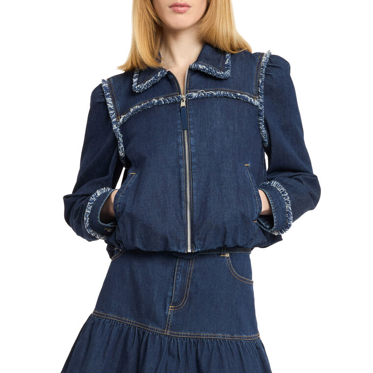 Bicolor Fringe Indria Bubble Hem Denim Jacket image number null