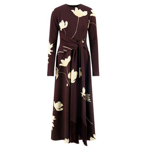 Floral Printed Crepe Long Sleeve Tie Waist Dress