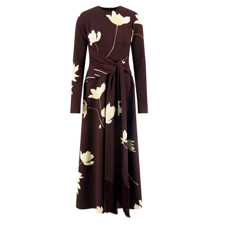 Floral Printed Crepe Long Sleeve Tie Waist Dress image number null