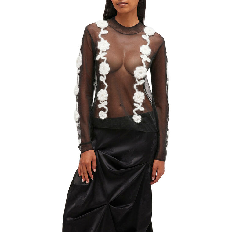 Sheer Flower Crochet Applique Long Sleeve Turtleneck Top image number null