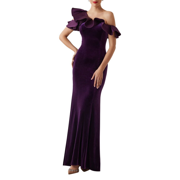 Velvet Ruffle Asymmetrical Gown image number null