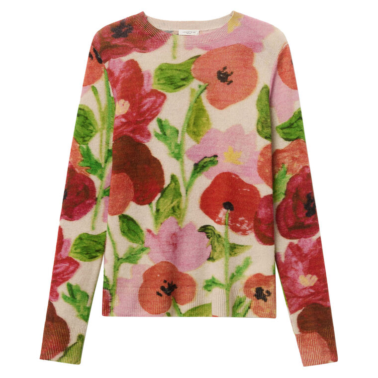 Long Sleeve Printed Blossom Crewneck Cashmere Sweater image number null