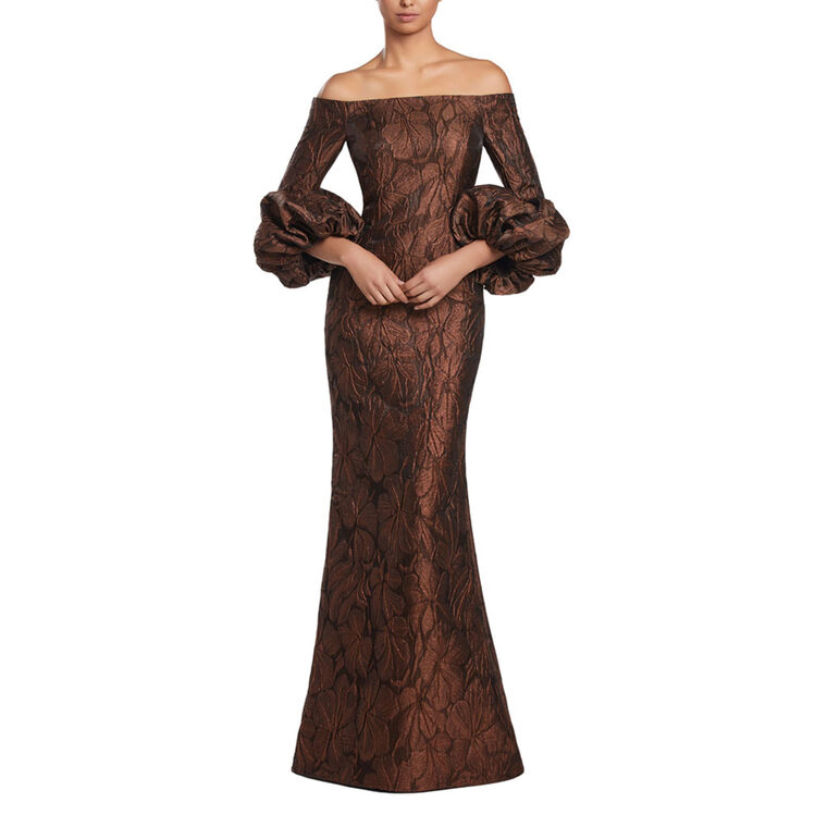 Brocade Puff Sleeve Gown image number null