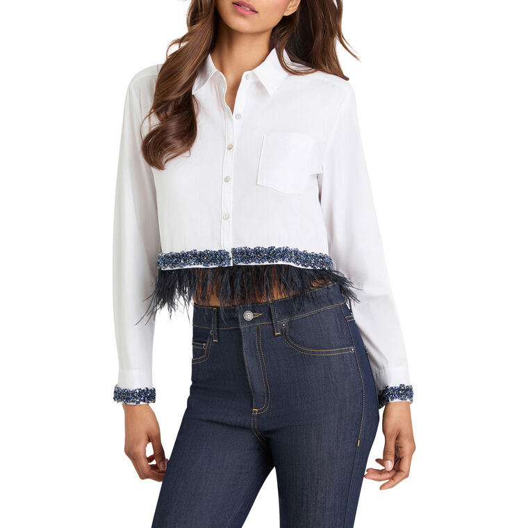 Sylvan Long Sleeve Feather And Bead Trim Cropped Button-Up Top image number null