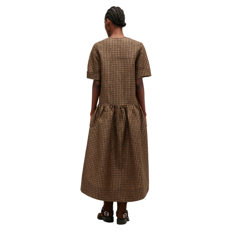 Short Sleeve Crinkled Taffeta Check Print Midi Dress image number null