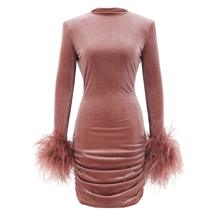 Feather Cuff Velvet Mini Dress With Sequins image number null