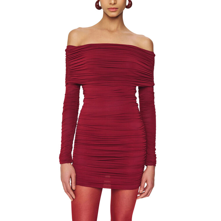 Kya Ruched Off-The-Shoulder Long Sleeve Mini Dress image number null