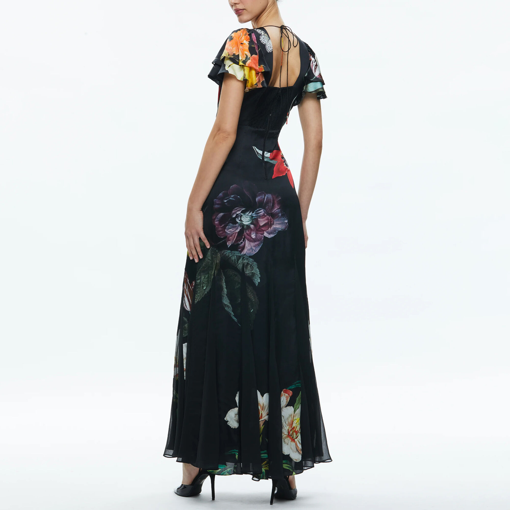ワンピース Floral Sling Princess Sleeve Dress Tadashi Shoji Chiffon Floral Print V-Neck Short Flutter