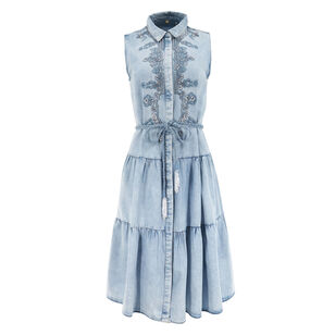 Glori Sleeveless Tiered Embroidered Denim Midi Dress