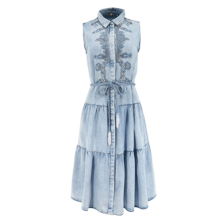 Glori Sleeveless Tiered Embroidered Denim Midi Dress image number null