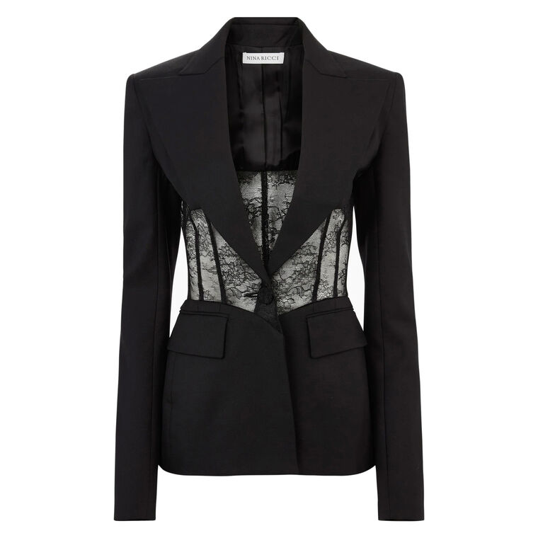 Wool Gabardine Single Breasted Jacket With Lace Insert image number null