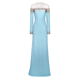 Long Sleeve Illusion Neckline Gown With Crystal Trim