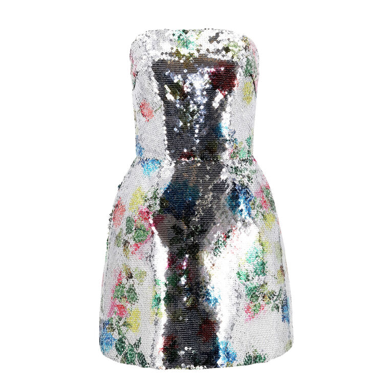 Structured Strapless Floral Sequin Mini Cocktail Dress image number null