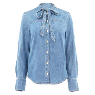 Gabby Tie Neck Button-Up Denim Shirt