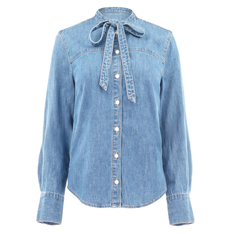 Gabby Tie Neck Button-Up Denim Shirt image number null