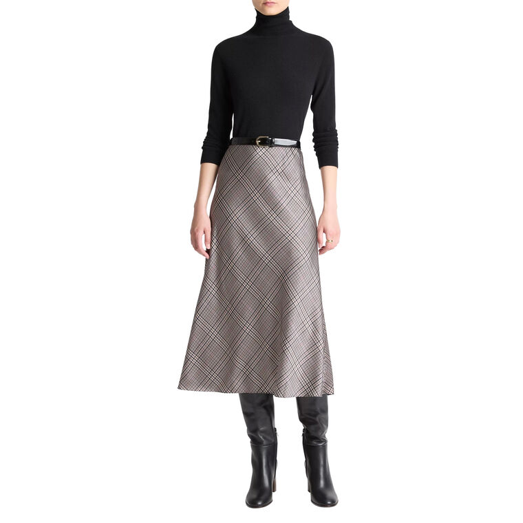 Pressed Plaid Shaped Hem Satin Midi Slip Skirt image number null