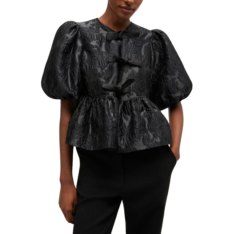 Satin Cloque Short Sleeve Peplum Blouse image number null