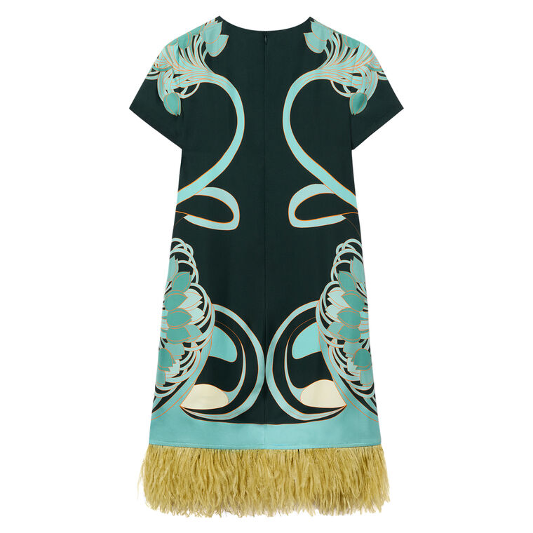Short Sleeve Mini Swing Dress With Feather Trim image number null