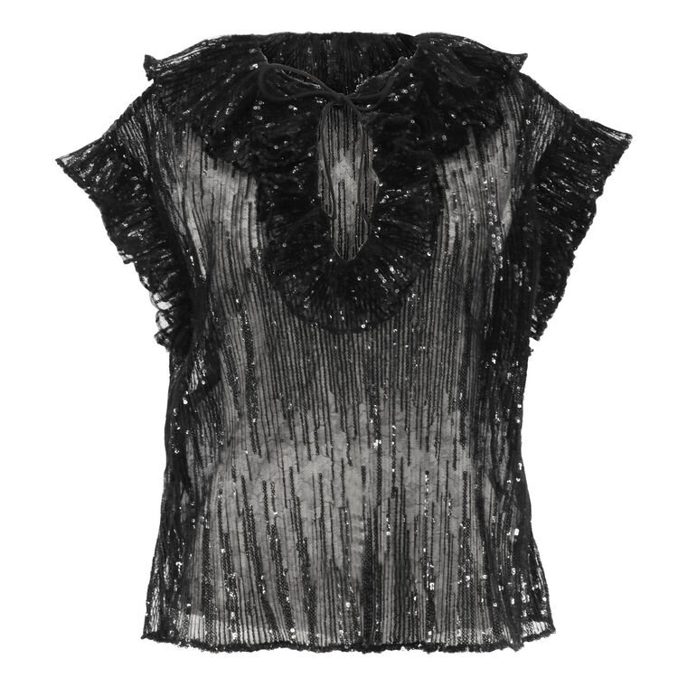 Este Short Sleeve Sequined Ruffle Tulle Top image number null
