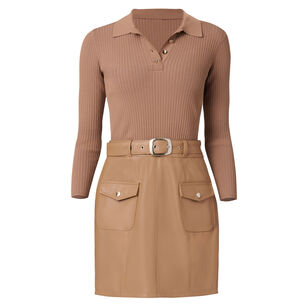 Melinda Collared Mini Dress With Vegan Leather Skirt