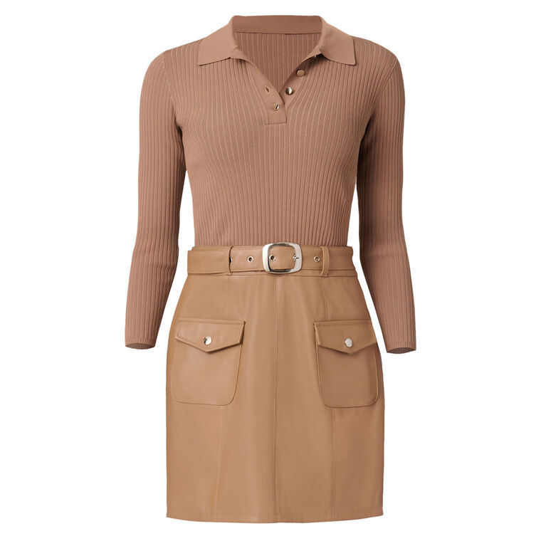 Melinda Collared Mini Dress With Vegan Leather Skirt image number null