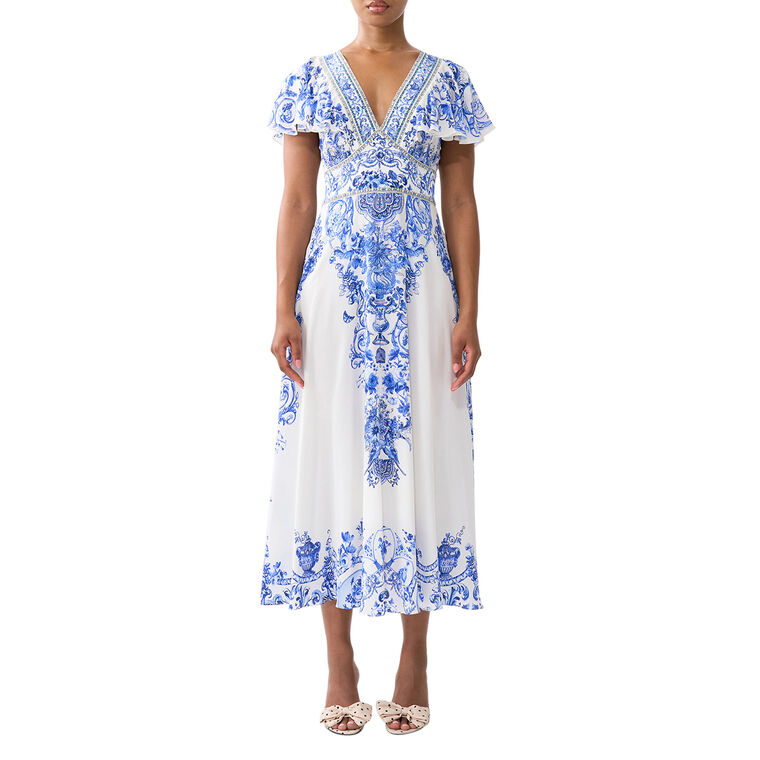 Waisted Midi Dress With Flutter Sleeve image number null