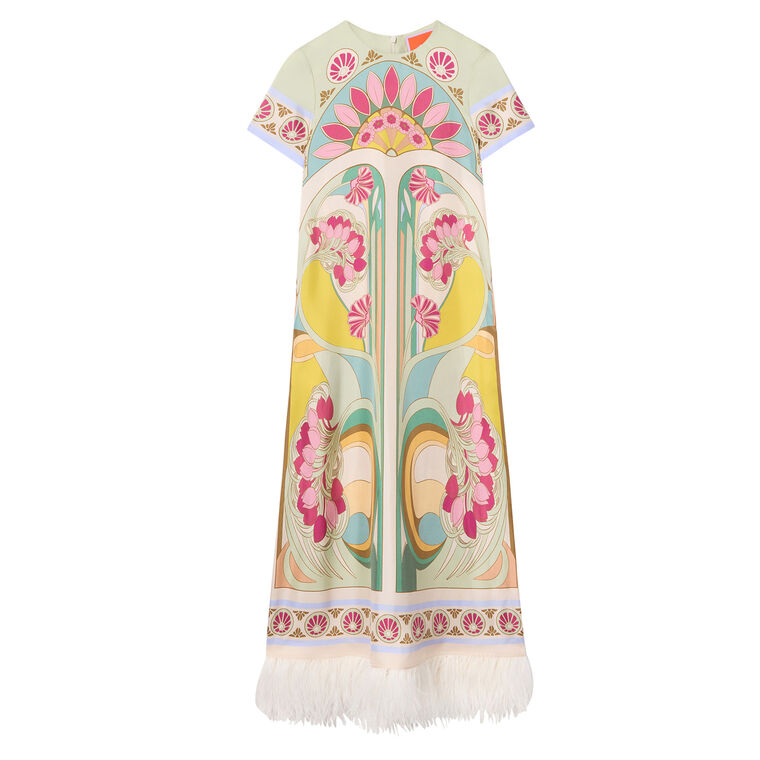 Short Sleeve Midi Swing Dress With Feathers image number null