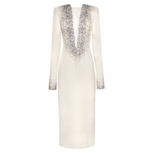 Long Sleeve V-Neck Cocktail Dress With Crystal Embellishment