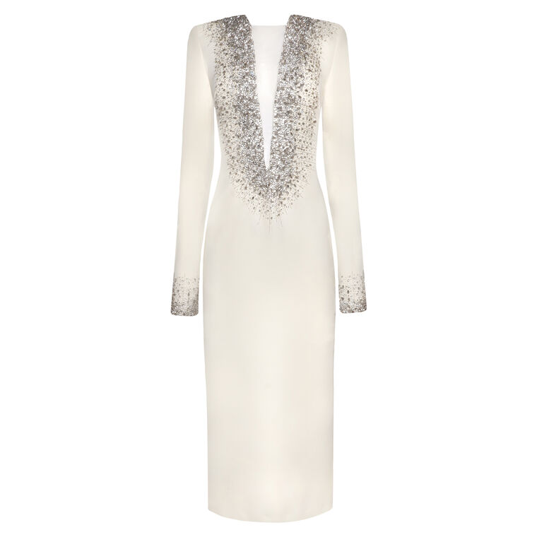 Long Sleeve V-Neck Cocktail Dress With Crystal Embellishment image number null