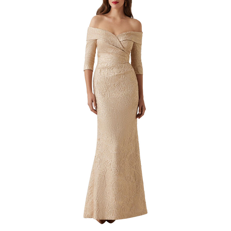 Metallic Jacquard Portrait Collar Elbow Sleeve Gown image number null