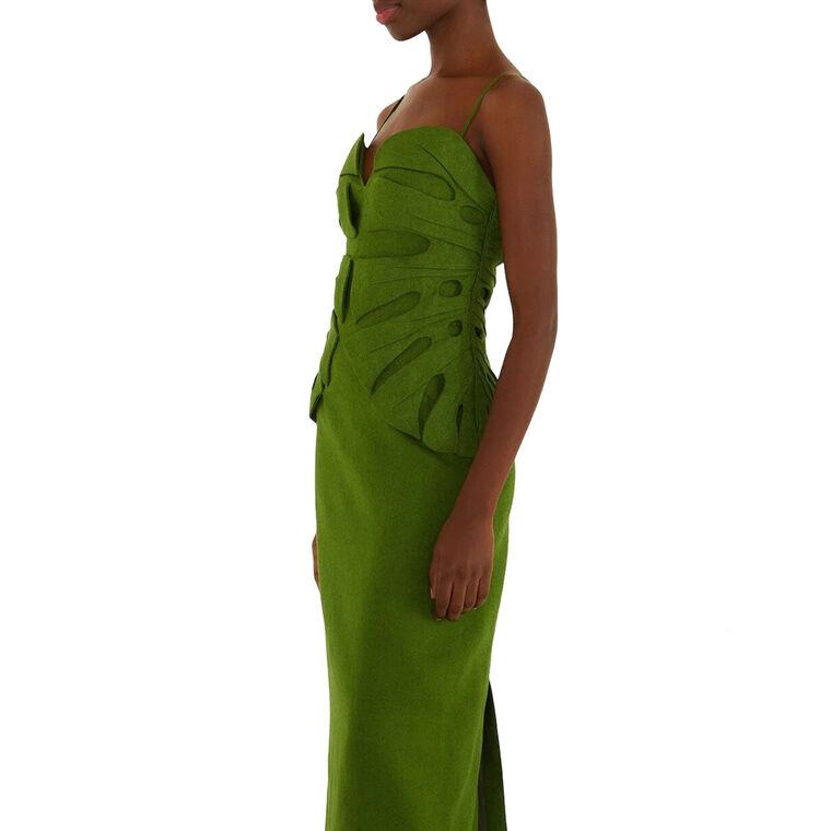 Monstera Leaf Sleeveless Linen Midi Dress image number null