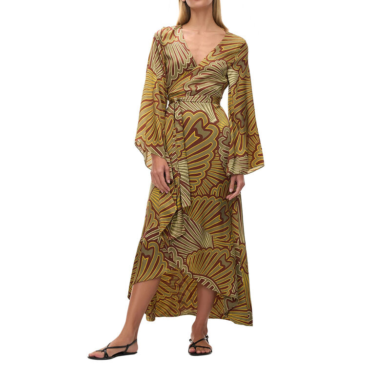 Pacifico Long Sleeve Satin Silk Midi Wrap Dress image number null